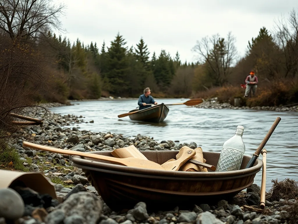 Rivière claire entourée de galets blancs et de végétation, avec un petit groupe de baigneurs profitant de l'eau sous un ciel