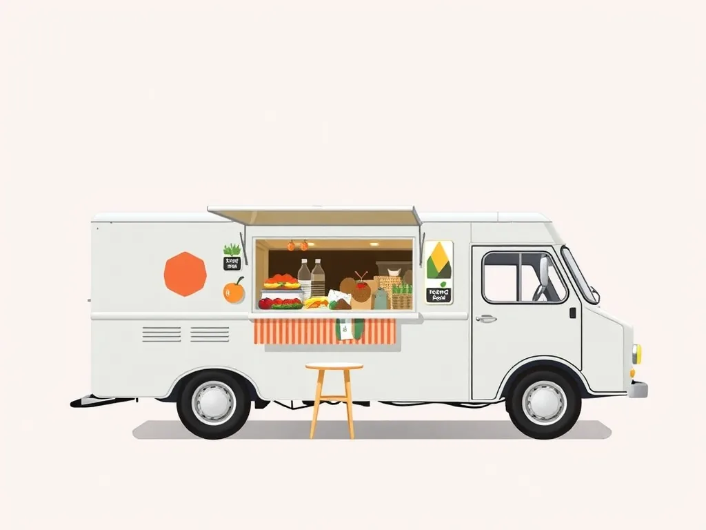 Food truck installé à l'ombre d'un platane sur une place de village drômois, avec quelques tables et une file d'attente