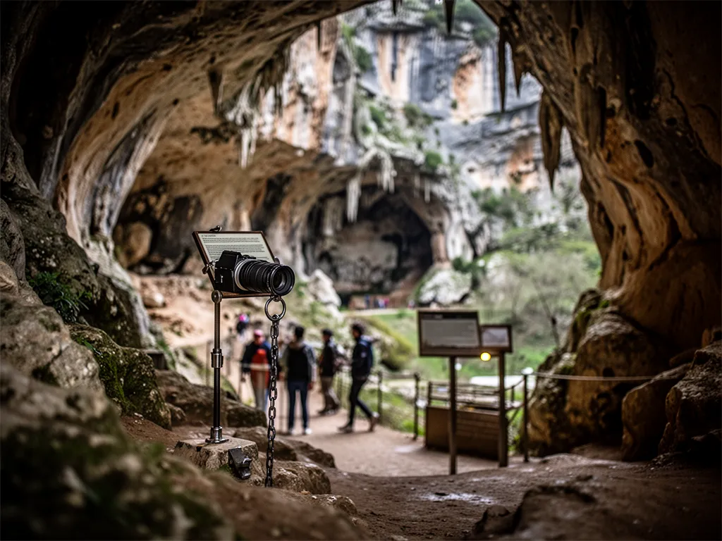 Intérieur de la grotte de Thaïs, concrétions calcaires et éclairage indirect mettant en valeur des stalactites, une colonne