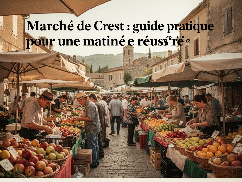 Place pavée de Crest avec étals colorés, cagettes de fruits, fromages affinés et clients discutant sous un ciel clair
