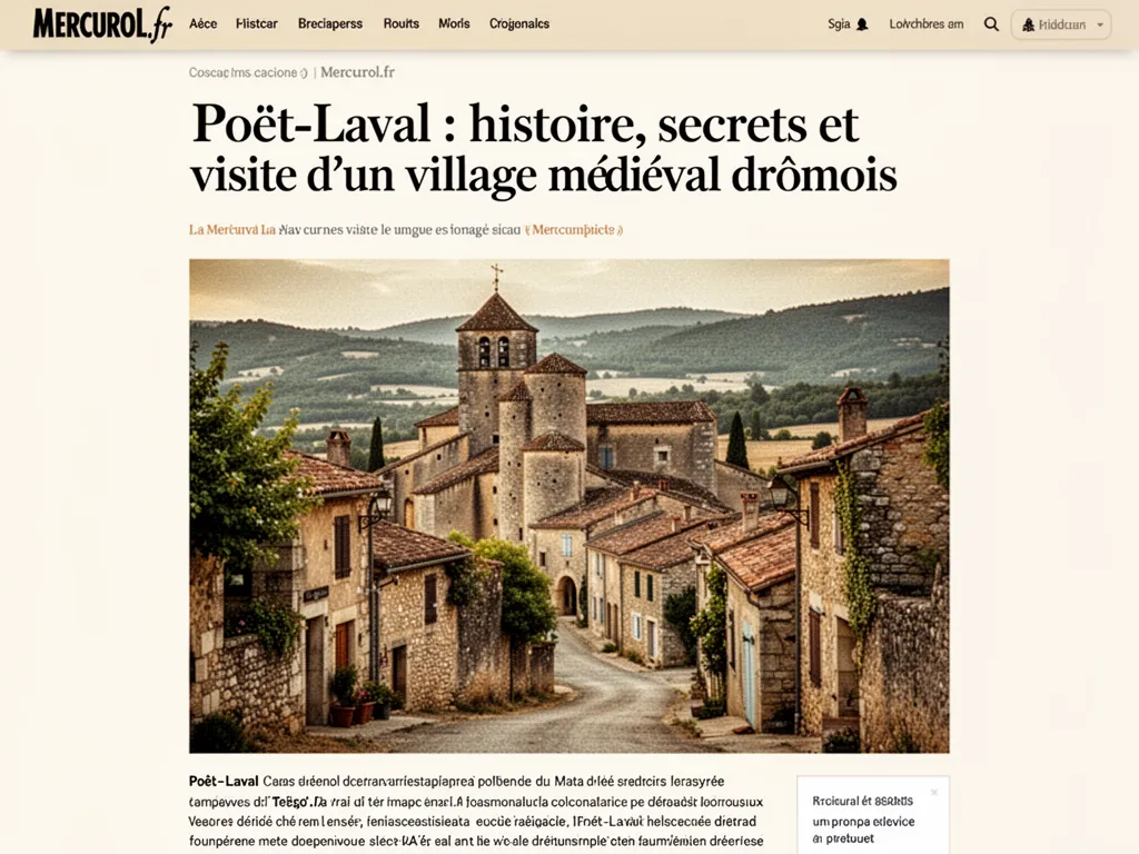 Ruelle pavée du Poët-Laval, maisons en pierre et tour médiévale sous un ciel clair