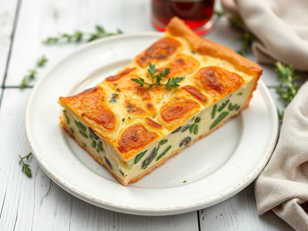 Tourte aux herbes dorée, coupée en parts, laissant voir la garniture verte aux herbes et au fromage, sur un plat en terre