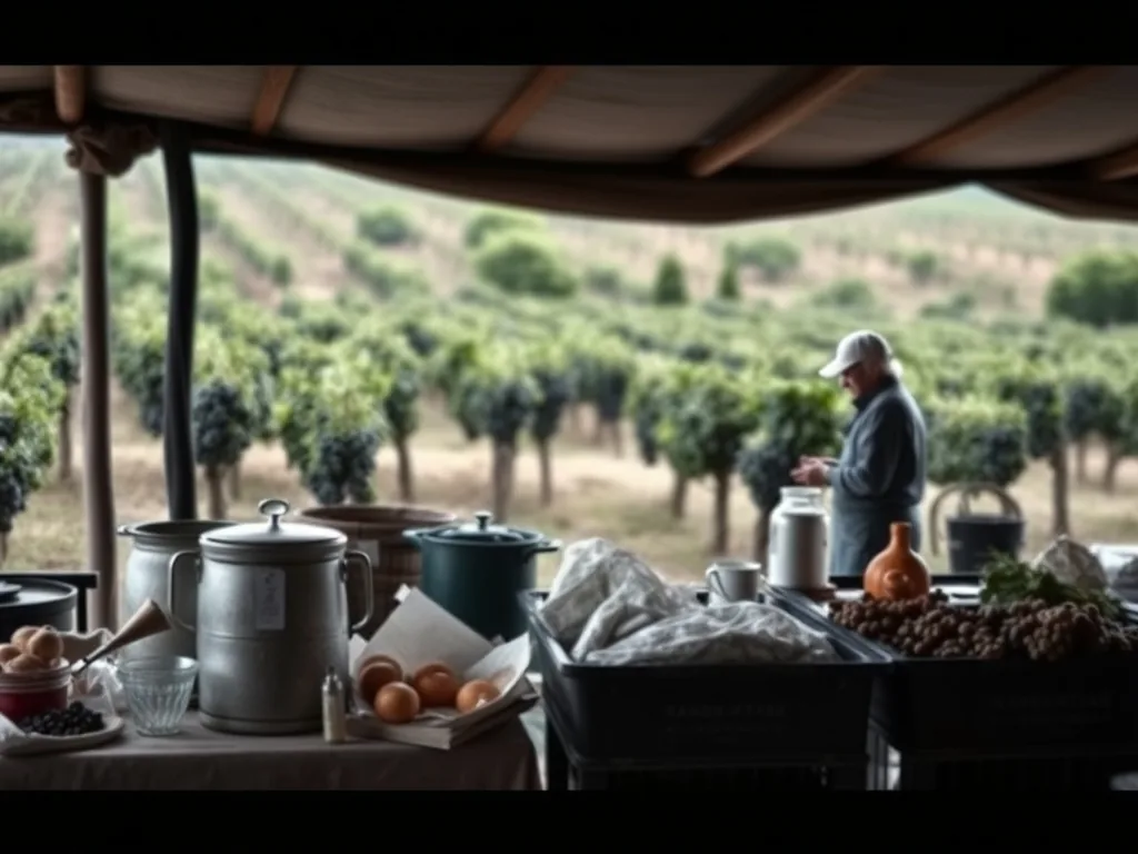 Vendangeurs sur les pentes escarpées de l'Hermitage, paniers de raisin syrah à la main, avec la vallée du Rhône en